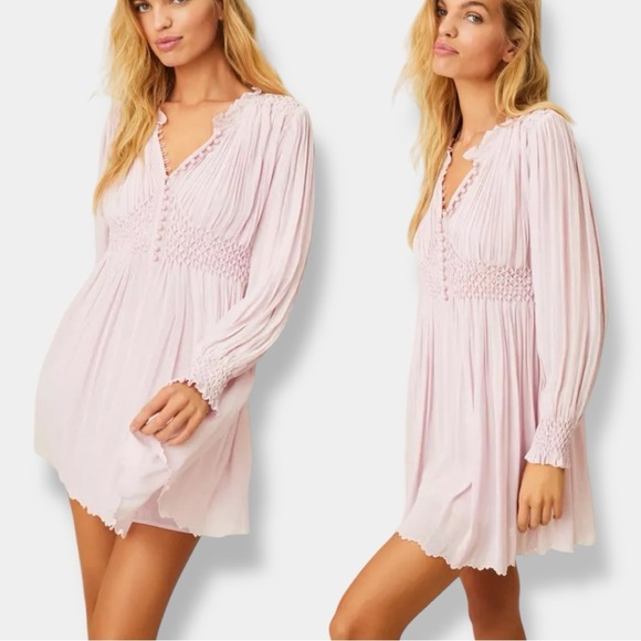 LOVESHACKFANCY Belinda Smocked A-Line Swing Long Sleeve Button-down Mini Dress - Picture 1 of 15